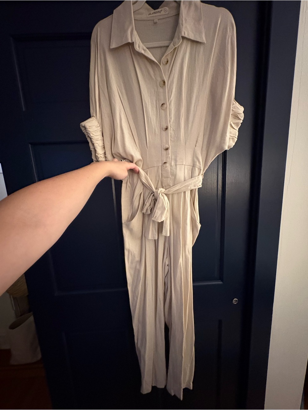 Blank NYC Light Beige Button-Up Tie-Waist Jumpsuit